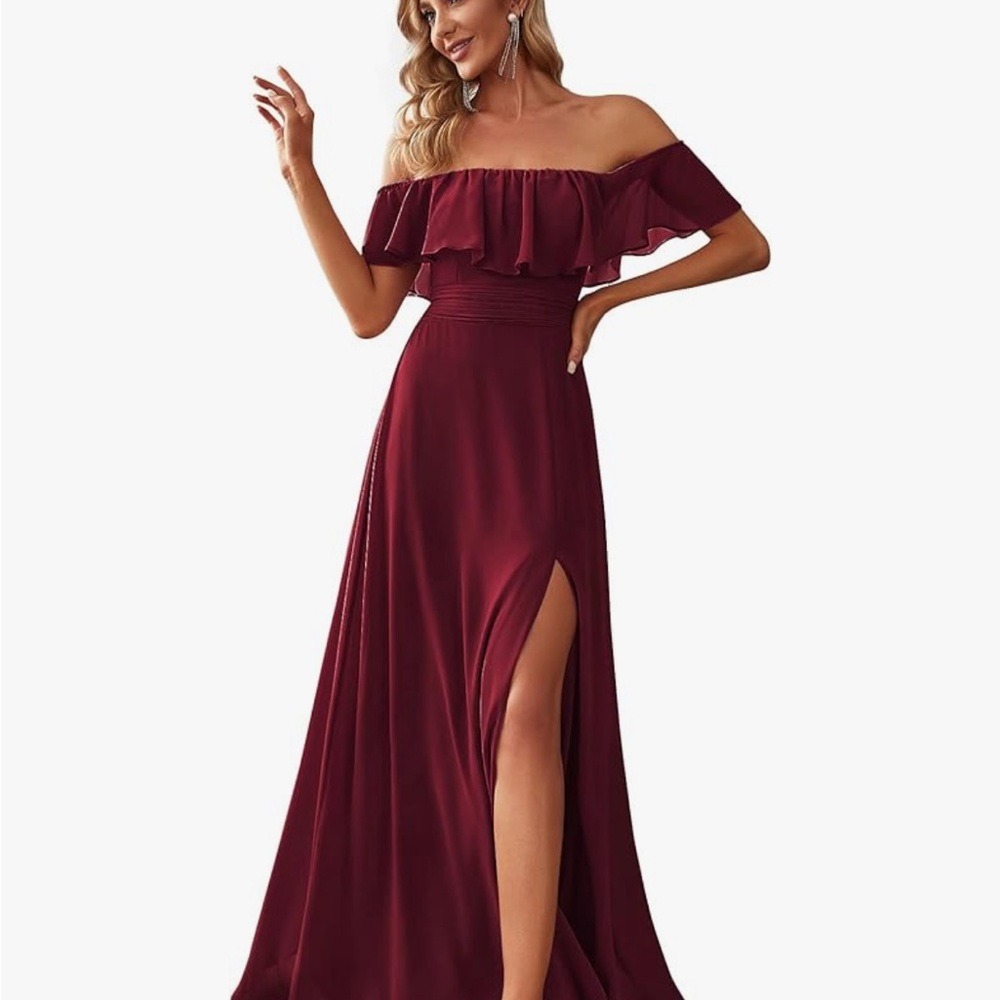 Ever Pretty Off-Shoulder Burgundy Maxi Dress